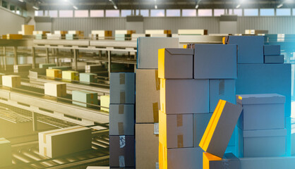 Poster - Production line with boxes. Automated factory. Conveyor inside manufactory. Stack of boxes near production line. Conveyor inside industrial building. Packaging production line without people