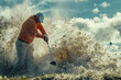 Dynamic image capturing the explosive impact of a golf club hitting a ball, with vivid splashes of dirt and paint adding a creative twist.