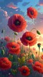Whimsical Red Poppies Under a Celestial Sky, Fantastical Floral Scene with Vibrant Colors