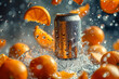Vivid oranges and a soda can create a refreshing splash, captured in high detail against a dark backdrop..