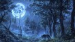 A serene woodland scene illuminated by the silvery light of the full moon