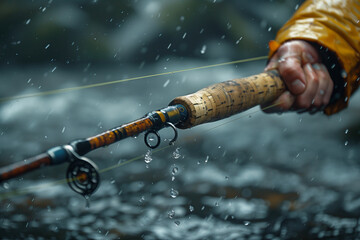 a person holds a fishing rod in the rain, preparing to fish in challenging weather conditions
