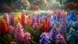 A tranquil garden filled with blooming hyacinth flowers, their vibrant colors and sweet fragrance filling the air
