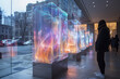 A person standing in front of a glass display, observing the items inside holographic art installations wallpaper