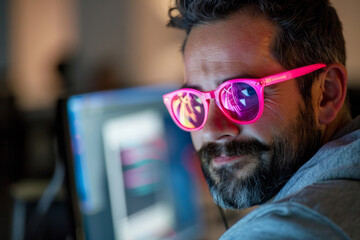 Poster - Grey-stubbled programmer wearing silly pink glasses. A man wearing pink sunglasses is smiling at the camera. Concept of fun and lightheartedness, as the man is enjoying while wearing the sunglasses.