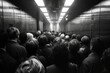 A tightly packed group of individuals captured in a high-contrast black and white photograph inside a crowded elevator..