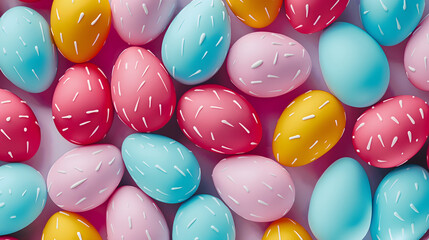 Wall Mural - Colorful Easter Eggs and Candy on Pastel Pink Background