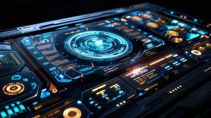 Leinwandbilder - A high-tech, futuristic interface featuring holographic display panels, dynamic data analytics, and interactive touch elements symbolizing cutting-edge technology.