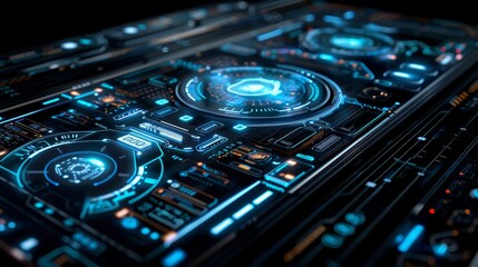 Leinwandbilder - A high-tech, futuristic interface featuring holographic display panels, dynamic data analytics, and interactive touch elements symbolizing cutting-edge technology.