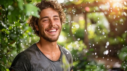 Joyful Young Man Enjoying a Sunny Rain Shower in Lush Garden