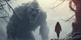 Fototapeta Londyn - Fantasy image of a yeti creature in the snowy forest.