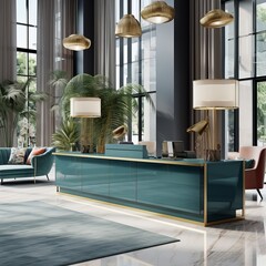 Wall Mural - Blue modern hotel reception desk with golden decoration