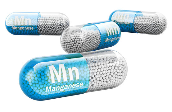 Capsules with manganese Mn element, 3D rendering isolated on the transparent background