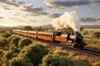 A steam train travels through the African savanna