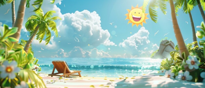 A 3D scene of a tropical beach with cartoon palm trees, a sun lounger, and a smiling sun, ideal for a cheerful summer theme