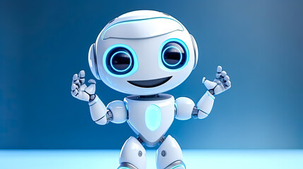 A robot with blue eyes and a smile is standing in front of a blue background