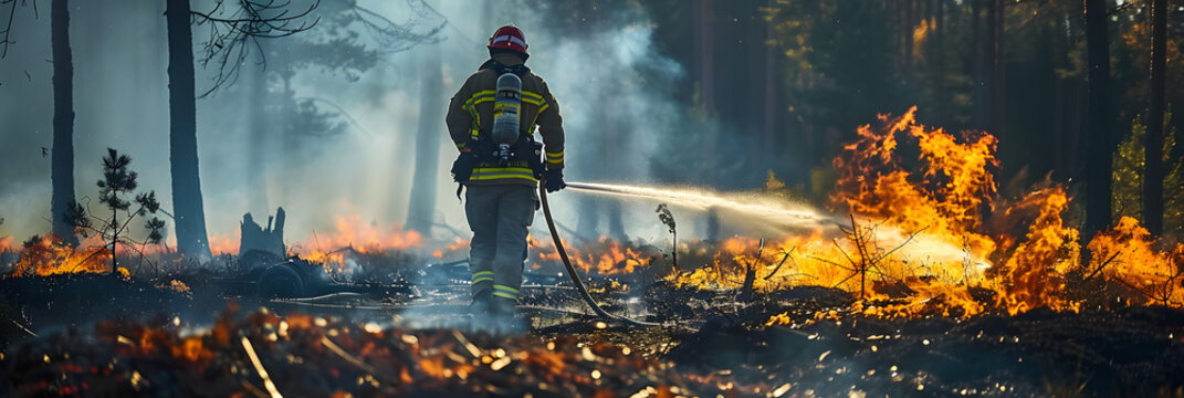 A professional firefighter extinguishes the flame. A burning forest and a man in a firefighter's uniform, rear view. Concept: Fire has engulfed nature, danger of arson.