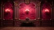 Ornate red room with a table and vase of flowers