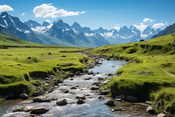 Canvas Print - Mountain river flowing through a valley on a sunny day with snow capped mountains in the distance