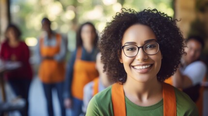 Wall Mural - Portrait of a smiling African American black woman in an orange uniform, glasses looking at the camera against the background of the team. Humanitarian social assistance, Charity, Volunteering concept