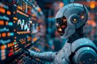 Robot looks at stock charts in the stock market.