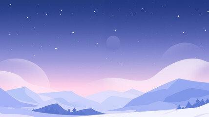 Wall Mural - Hand drawn cartoon illustration of snow mountain scenery under the starry sky
