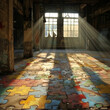 Within the confines of an abandoned factory, beams of light reveal a silhouette behind a puzzle pattern, contrasting the chaotic beauty of decay.