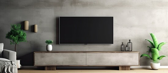 Poster - A living room with a flat panel display television set mounted on the wall, providing entertainment and enhancing the rooms aesthetic with modern technology