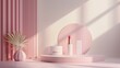 A pink room with a white table and a pink vase