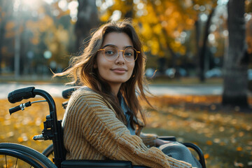 Canvas Print - Wheelchair user walking in autumn park regardless of disability generative AI concept