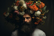Portrait of fantasy mysterious man wear flourish wreath from flowers and plants generative AI