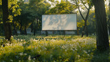 Fototapeta  - Billboard in a park, Huge blank white billboard mockup in the park, showcasing a mockup of a vast, pristine white billboard template,  large empty white billboard is attached to a metal fence, Ai