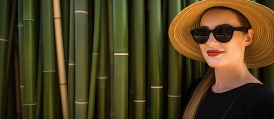 Wall Mural - A woman with bangs is standing in front of a bamboo wall wearing a hat and sunglasses, with a smile on her face. Her eyewear protects her vision in style