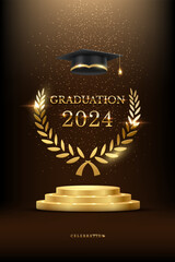 2024 graduation ceremony vertical banner. Award concept with academic hat, golden podium and laurel wreath under shining glitter on dark background