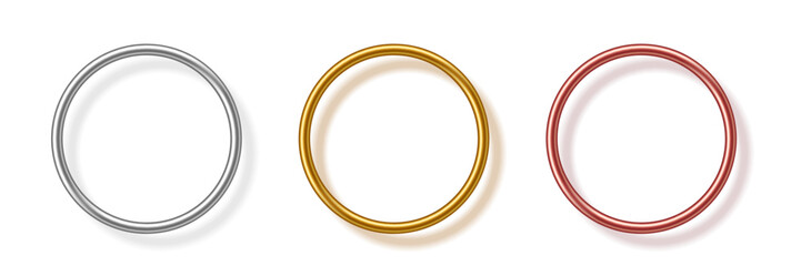 Fototapete - Gold, silver and bronze metal circle frames 3d vector realistic illustration. First, second and third place medals or buttons isolated on white background. Certified. Quality blank, empty badge set