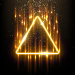 Wall Mural - Gold triangle shape border with flash rays and sparks vector illustration. Realistic 3D shiny golden frame with edges and fiery flare, precious jewelry and abstract star dust glow on black background