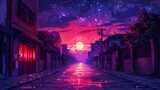 Fototapeta Londyn - Vector illustration background depicting an alley at night with a cyberpunk theme, evoking the atmosphere of a futuristic urban environment.