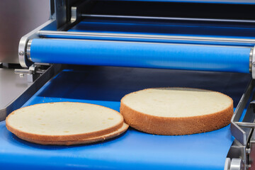 Poster - A slice of cake is on top of a blue surface. The cake is cut into four pieces