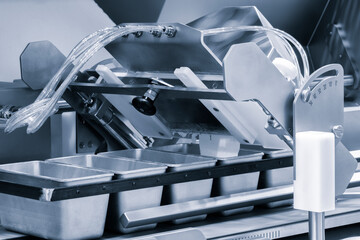 Poster - industrial production of bakery products on an assembly line - technology and machinery in the food factory