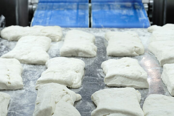 Poster - Conveyor belt with pieces of cheese dough ready to be placed in a mold and baked in different shapes and sizes, all lined up on the conveyor belt.
