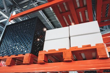 Poster - modern distribution warehouse with boxes on racks