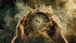 Clock is dissolve in to dust in hands, running out of time concept.