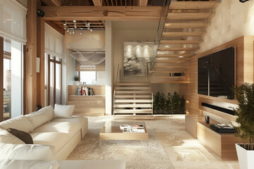 Wall Mural - Living room with wooden staircase, large windows, and contemporary furnishings. Interior of modern apartment