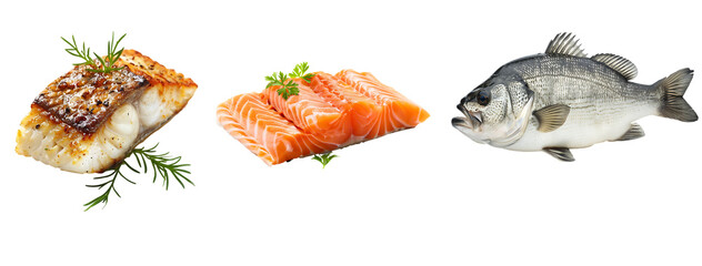 Wall Mural - fresh fish and salmon steak isolated on a transparent or white background, PNG