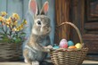 Happy Easter Sunday! Easter bunny with basket of eggs on wooden background. Happy Easter.