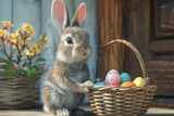 Fototapeta Do akwarium - Happy Easter Sunday! Easter bunny with basket of eggs on wooden background. Happy Easter.