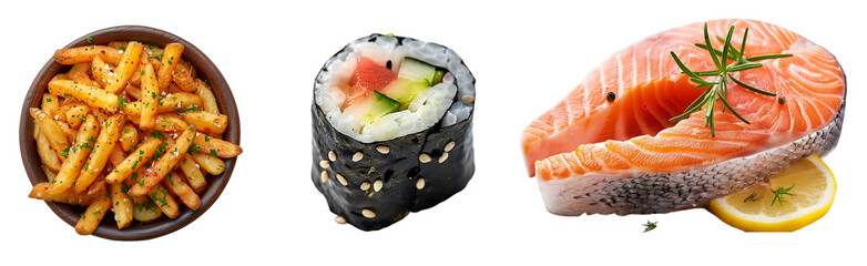 Wall Mural - Shushi and fish set isolated on a transparent or white background, png 