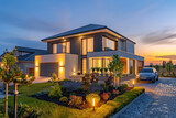 Fototapeta  - A modern suburban home during a summer evening, with outdoor lights softly illuminating the facade, a well-kept garden in front, family car parked in the driveway, twilight sky, real suburbs house,