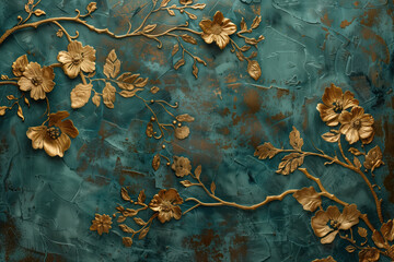 Poster - Vintage gold floral pattern on a verdigris canvas. Background image. Created with Generative AI technology.