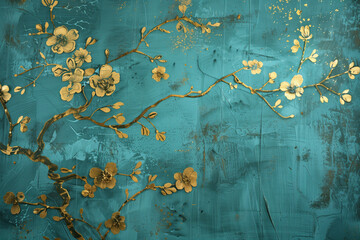 Poster - Vintage gold floral pattern on a verdigris canvas. Background image. Created with Generative AI technology.
